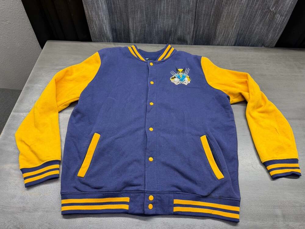 Marvel Blue And Yellow Wolverine Varsity Style Snap On Jacket Size XL